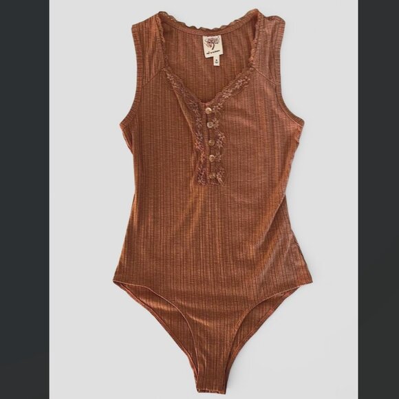 Orange/Brown Lace Bodysuit with Button Up Detail - Medium - Picture 1 of 2